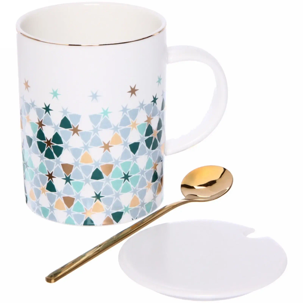 Кружка керамическая 350мл «Калейдоскоп» с керамической крышкой и ложкой, звездочки
