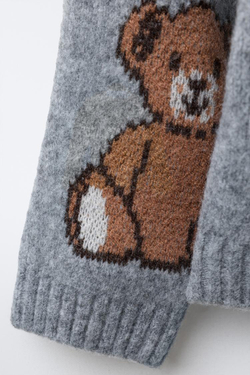 ZARA ВЯЗАНЫЙ ДЖЕМПЕР С ПРИНТОМ «МЕДВЕДИ», СЕРЫЙ МЕЛАНЖ