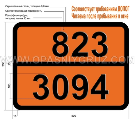 Табличка Опасный груз 823-3094 КОРРОЗИОННАЯ ЖИДКОСТЬ РЕАГИРУЮЩАЯ С ВОДОЙ Н.У.К.