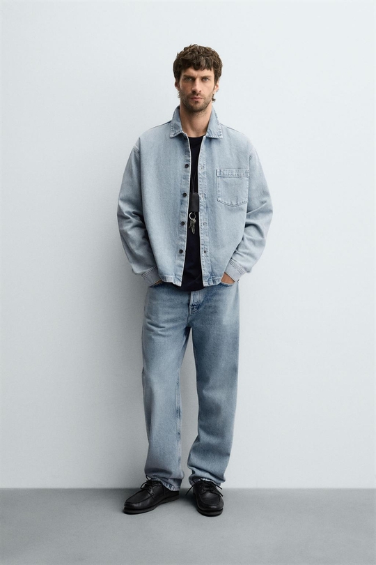 ZARA ДЖИНСОВАЯ РУБАШКА BOXY FIT, ГОЛУБОЙ