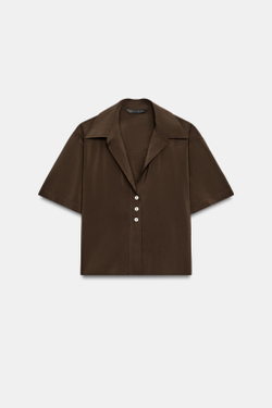 ZARA РУБАШКА СТРУЯЩЕГОСЯ КРОЯ С КОРОТКИМ РУКАВОМ, ШОКОЛАДНО-КОРИЧНЕВЫЙ