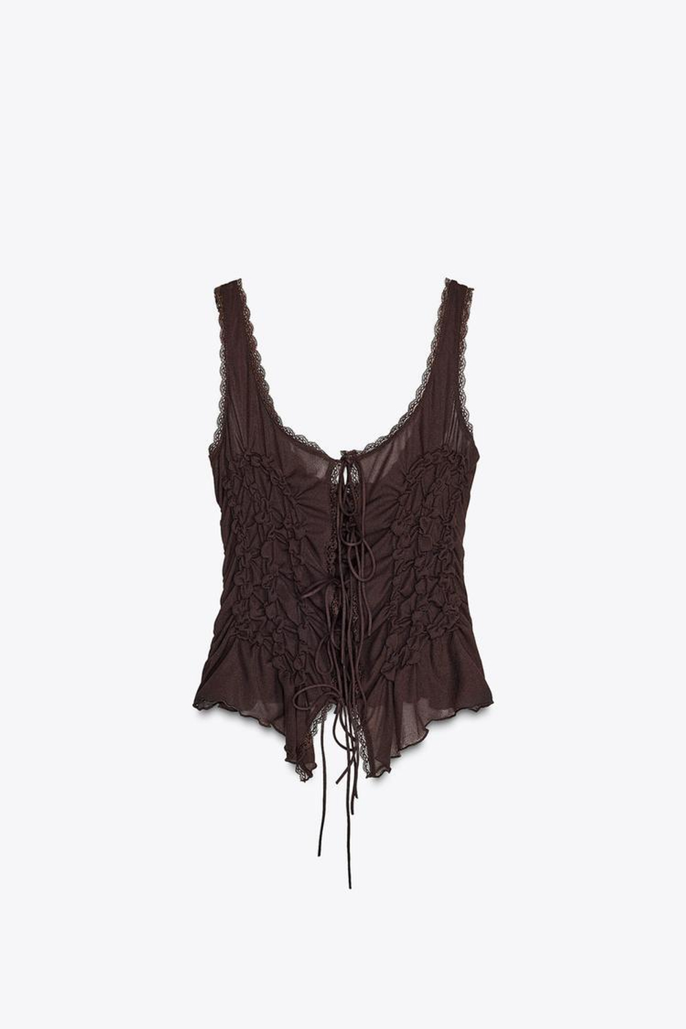 ZARA ТОП СО СБОРКАМИ И ЗАВЯЗКАМИ, ШОКОЛАДНЫЙ