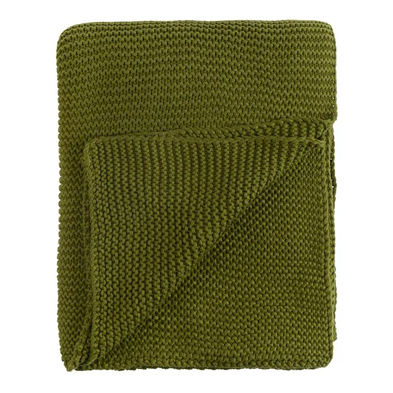 Плед из хлопка жемчужной вязки оливкового цвета Essential, 130х180 см
