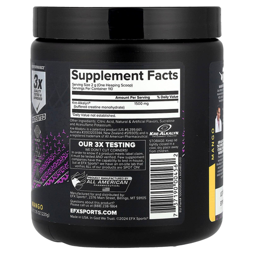 EFX Sports, Kre-Alkalyn EFX в порошке, манго, 220 г (7,76 унции)