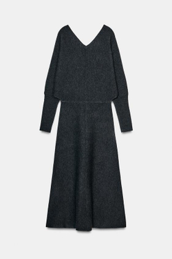 ZARA ТРИКОТАЖНОЕ ПЛАТЬЕ МИДИ С V-ОБРАЗНЫМ ВЫРЕЗОМ, СЕРЫЙ