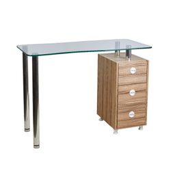 Маникюрный стол со стеклянной столешницей и тумбой на ножке.