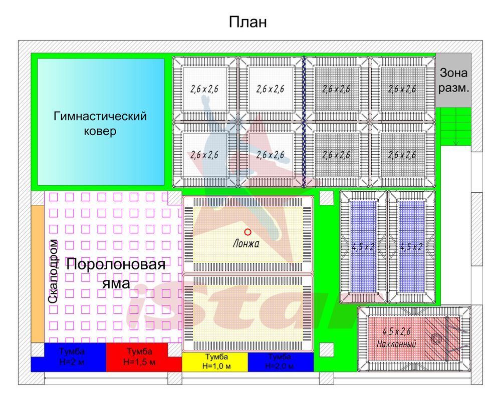 Акробатический центр с батутами - план зала - завод "ЗВЕЗДА"