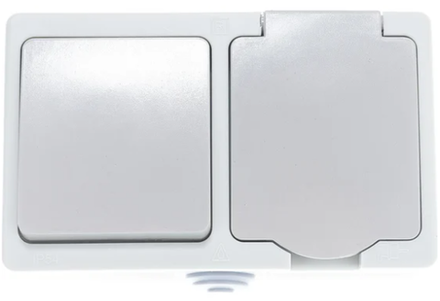 Выключатель 1 кл + розетка UNIVersal Аллегро с/з, з/ш, IP54, горизонтальный блок с крышкой, серый.