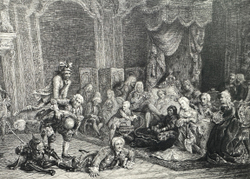 Шуты при дворе императрицы Анны Иоанновны. Гравюра по известной картине В. Якоби. 1740 г.