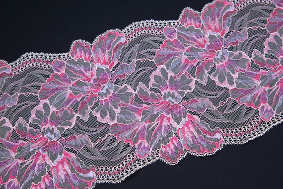 280 Кружево эластичное 19 см, Италия, цветы, нежно-розовый/малиновый