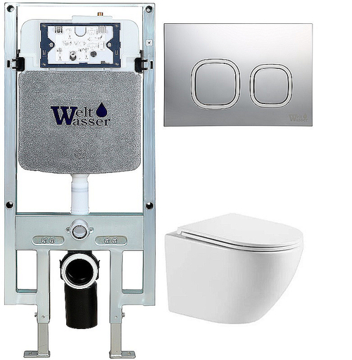 Унитаз подвесной WeltWasser AMBERG 497 ST+MERZBACH 043 XL GL-WT+AMBERG RD-MT CR белый/кнопка хром матовый, безободковый, с крышкой микролифт, с инсталляцией, слив торнадо