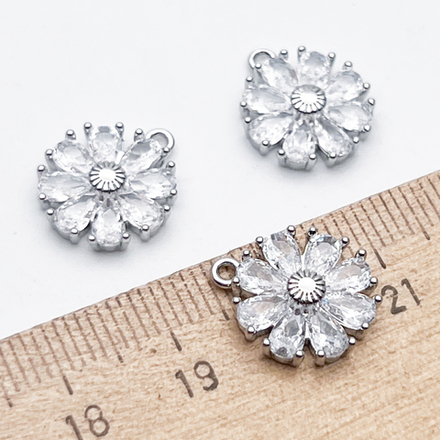 Подвеска Цветок, цвет серебро (родий) + прозрачный, размер 15*12 мм, цена за 1 шт