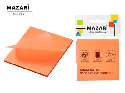 Блок для записи с липким слоем 50л ПРОЗРАЧНЫЙ ОРАНЖЕВЫЙ(Mazari)