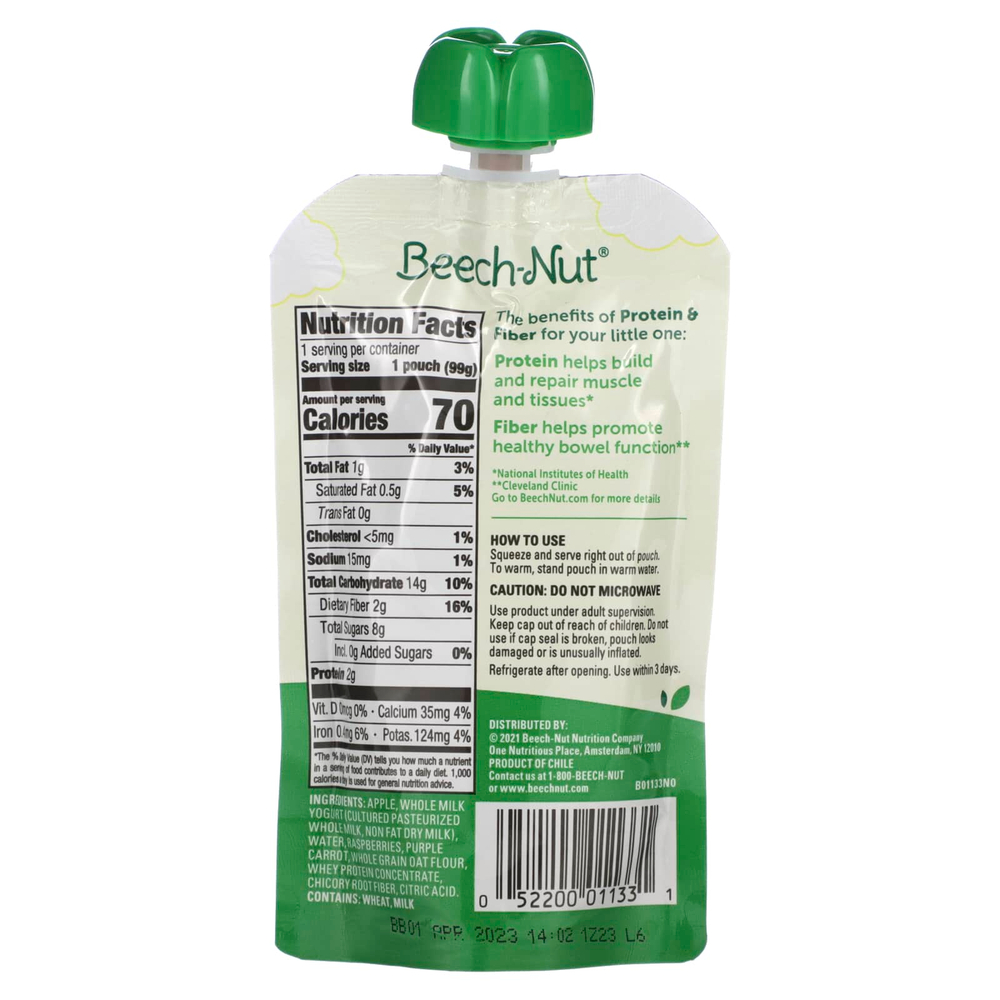 Beech-Nut, протеин и клетчатка, для детей от 12 месяцев, яблоко, йогурт, малина, фиолетовая морковь и овес, 99 г (3,5 унции)
