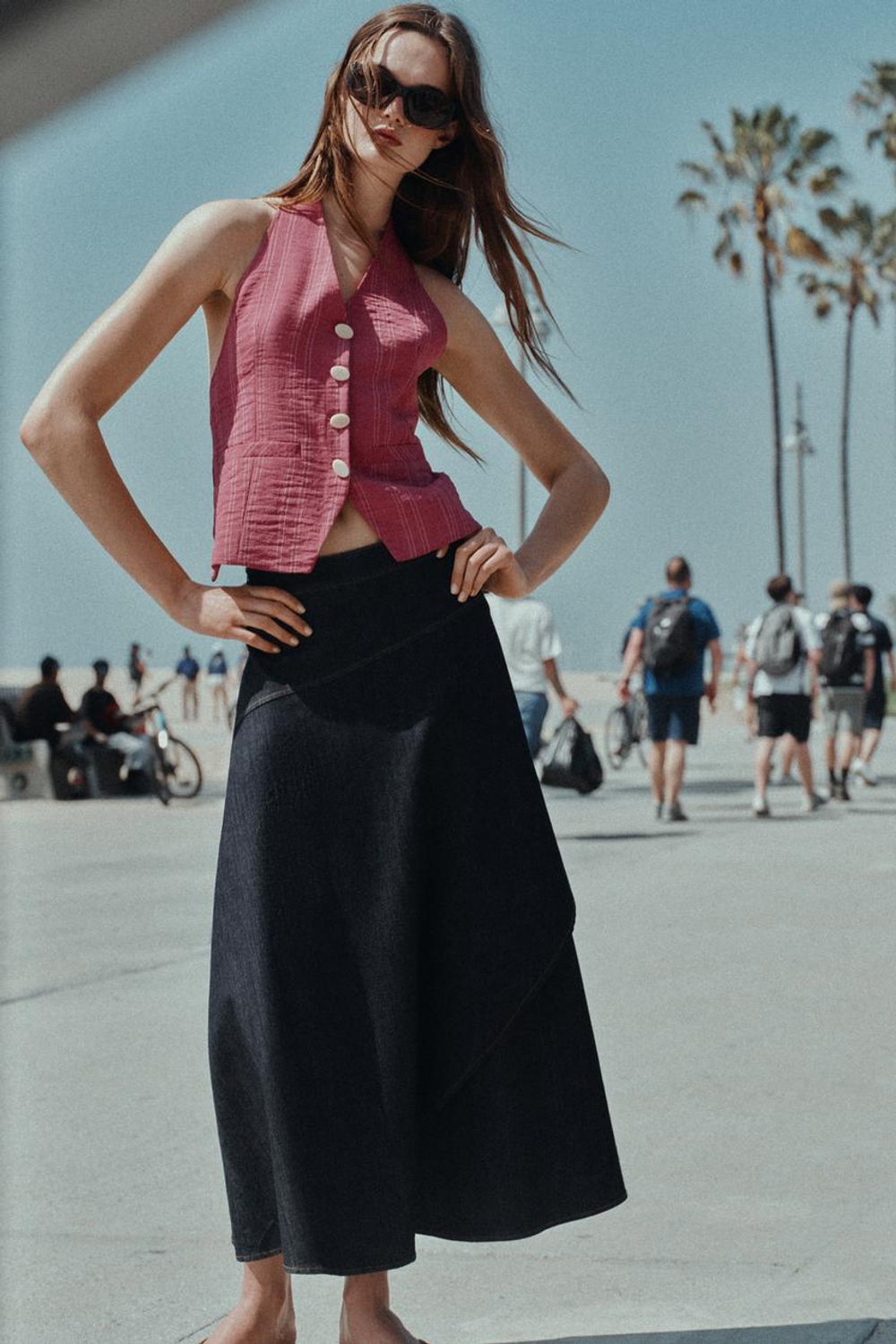 ZARA ЖИЛЕТ ХАЛТЕР В ПОЛОСКУ С ЗАВЯЗКАМИ, РОЗОВЫЙ