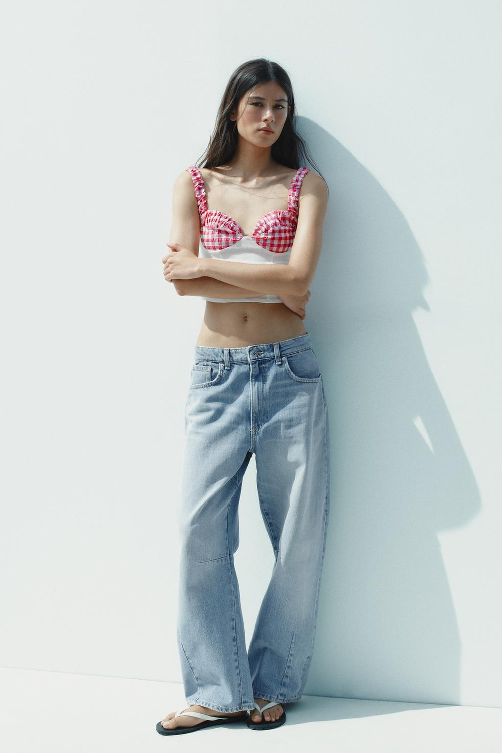 ZARA КОРСЕТНЫЙ ТОП В КЛЕТКУ ВИШИ, ЖЕЛТОВАТО-БЕЛЫЙ