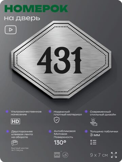 Номерок на дверь квартиры 431, для кабинета, офиса, шильдик 9 х 7 см, брашированная сталь, Айдентика Технолоджи