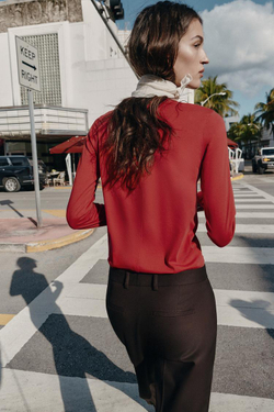 ZARA ХЛОПКОВАЯ ФУТБОЛКА С ДЛИННЫМИ РУКАВАМИ, ТЕМНО-КРАСНЫЙ