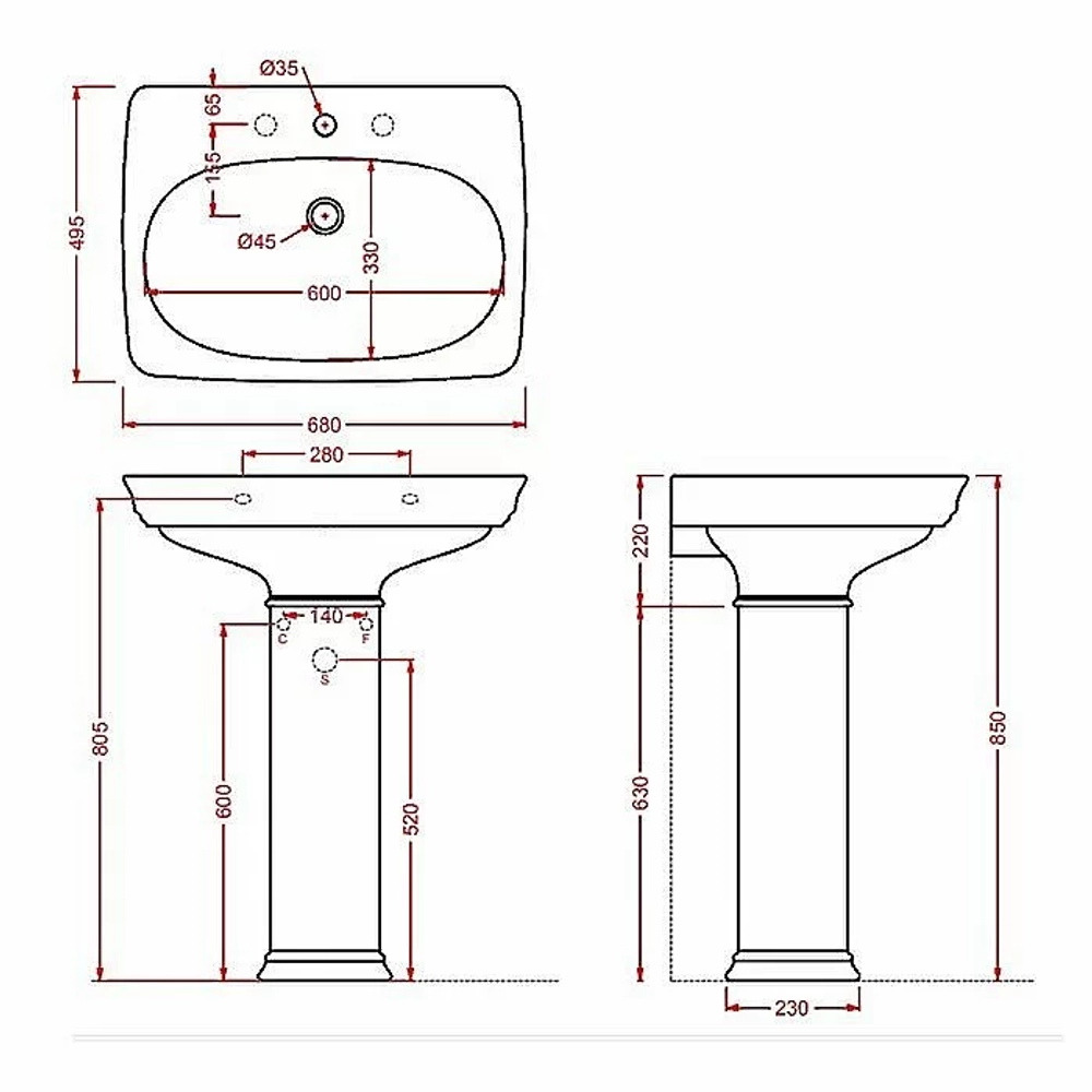 Раковина с пьедесталом Artceram Civitas 68 CIL001 34 00+CIC001 34 00 68 серая
