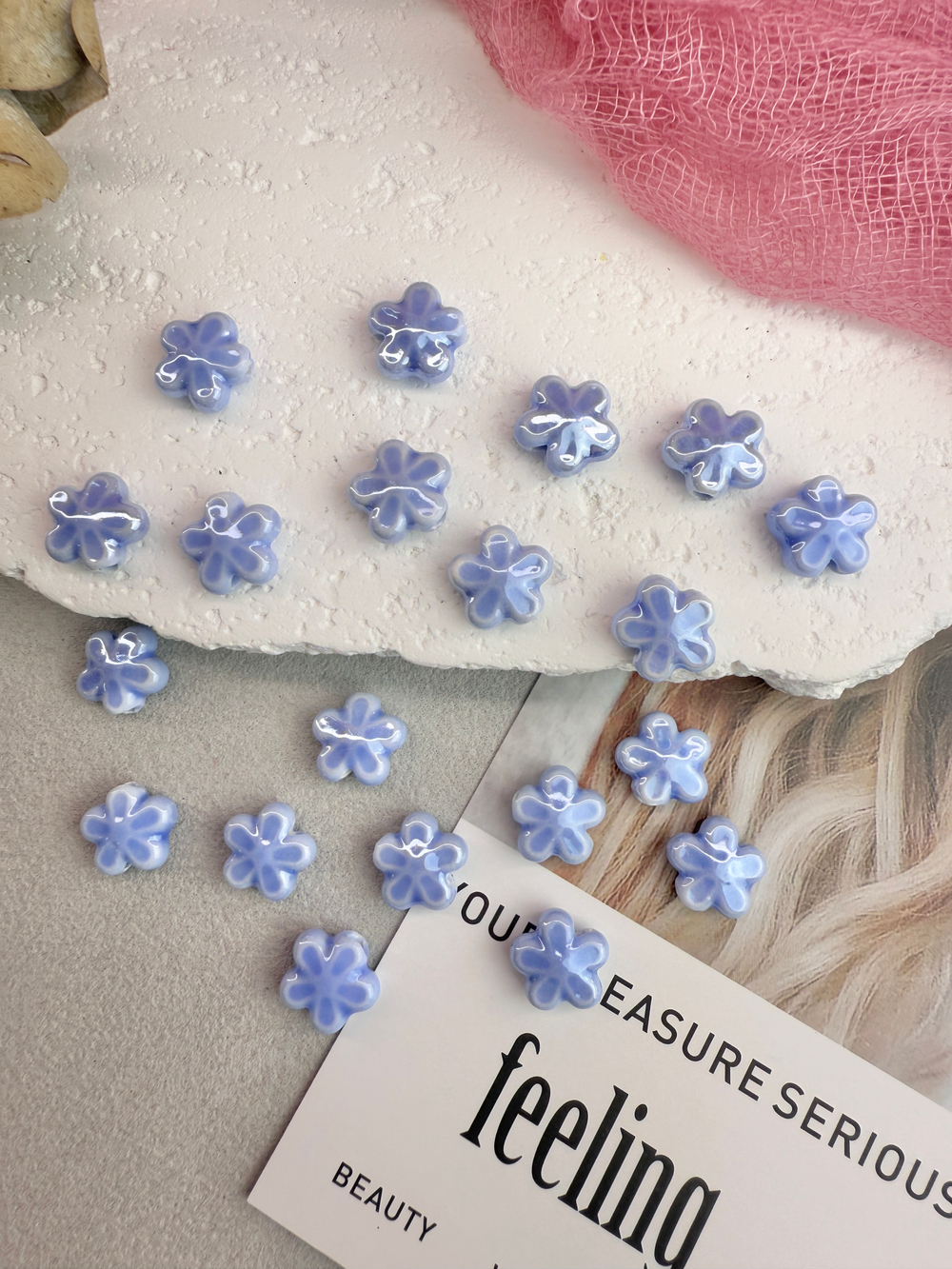 Керамические бусины, 12 мм, «Цветочек», небесный, 10 штук