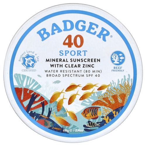 Badger, Sport, минеральное солнцезащитное средство с чистым цинком, SPF 40, без запаха, 68 г (2,4 унции)
