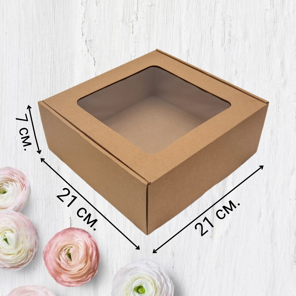 Коробка для пирогов, тортов, пирожных 21х21х7 с окном крафт