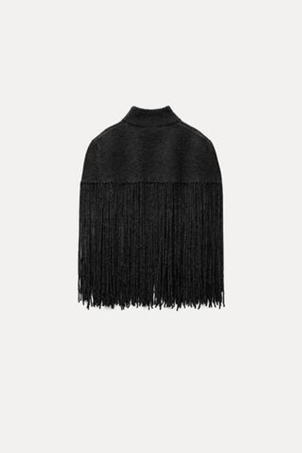 ZARA ТРИКОТАЖНАЯ НАКИДКА С БАХРОМОЙ, ТЕМНО-СЕРЫЙ