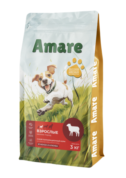 Amare Сухой полнорационный корм для взрослых собак мелких пород ягненок и клюква 3 кг