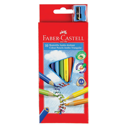 Карандаши цветные утолщенные FABER-CASTELL "Jumbo" 10 цветов, трехгранные, с точилкой, 116510