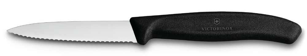 Фото нож для овощей VICTORINOX SwissClassic стальное лезвие 8 см с волнистой заточкой и заострённым кончиком чёрная пластиковая рукоять с гарантией