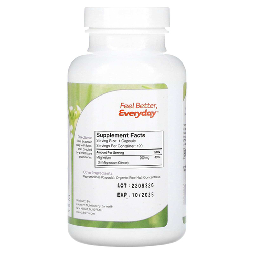Zahler, Магний, биоактивный цитрат магния, 200 мг, 120 капсул