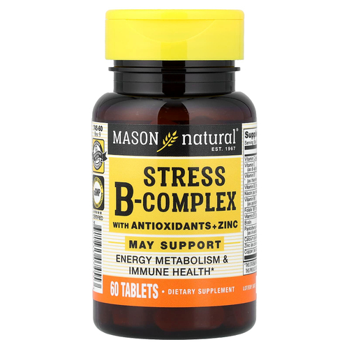 Mason Natural, Stress B-Complex, витамины группы B с антиоксидантами и цинком, 60 таблеток