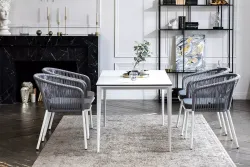 "Малага" обеденная группа на 4 персоны со стульями "Марсель", каркас белый, роуп светло-серый