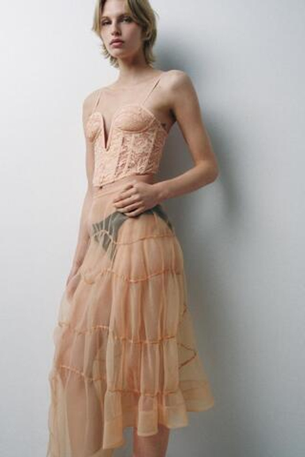 ZARA ЮБКА С ЗАВЯЗКАМИ И СБОРКАМИ ИЗ ОРГАНЗЫ, ЭКРЮ