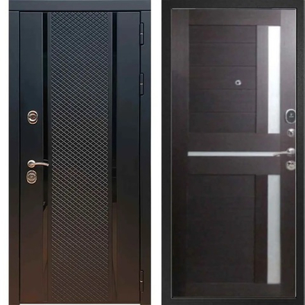 Входная металлическая дверь с зеркалом RеX (РЕКС) 25 кварц черный, фурнитура на квадратной розетке, цвет хром/ СБ 18 Венге, светлые стекла