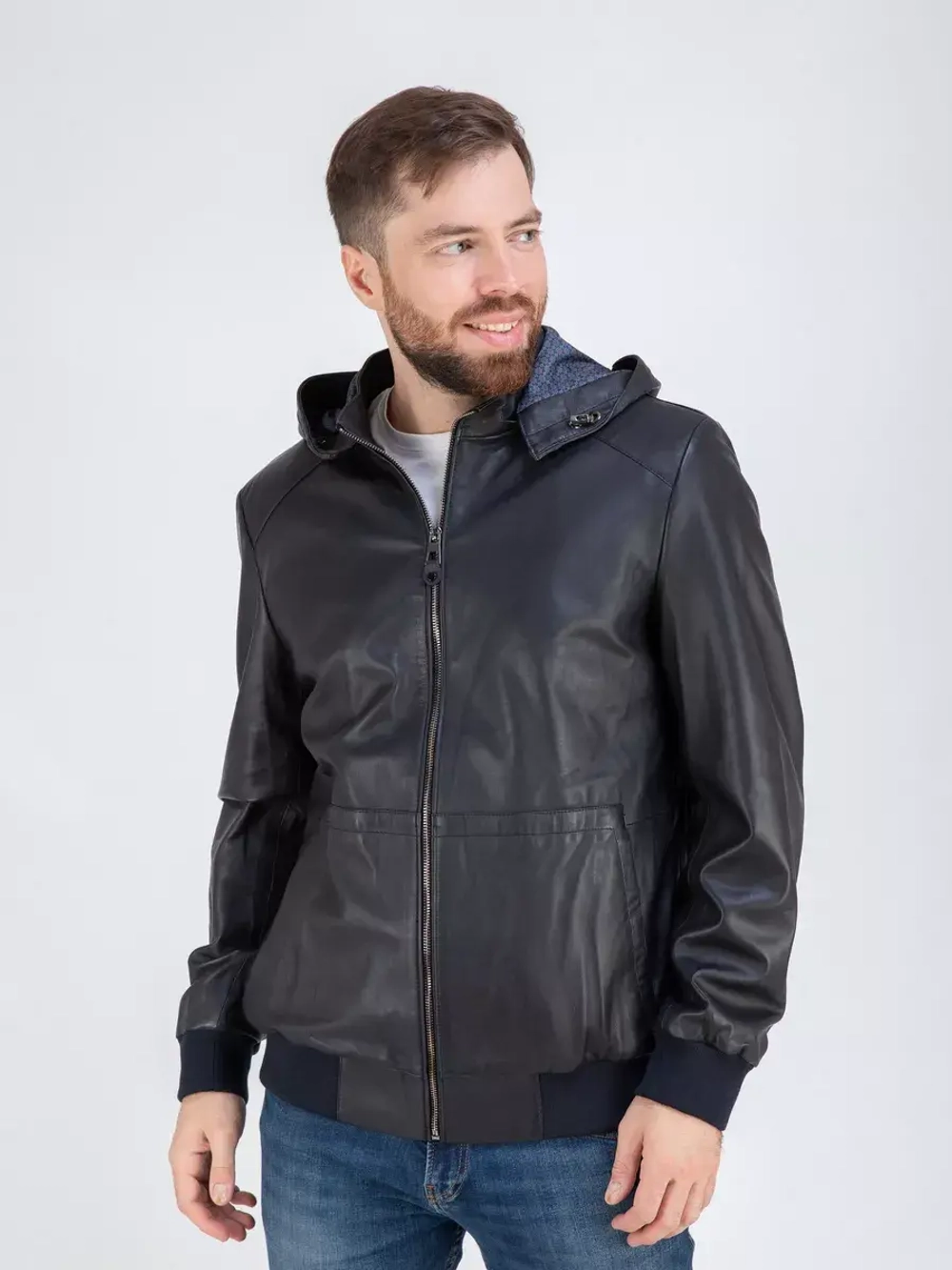 Куртка кожаная демисезонная с капюшоном Турция