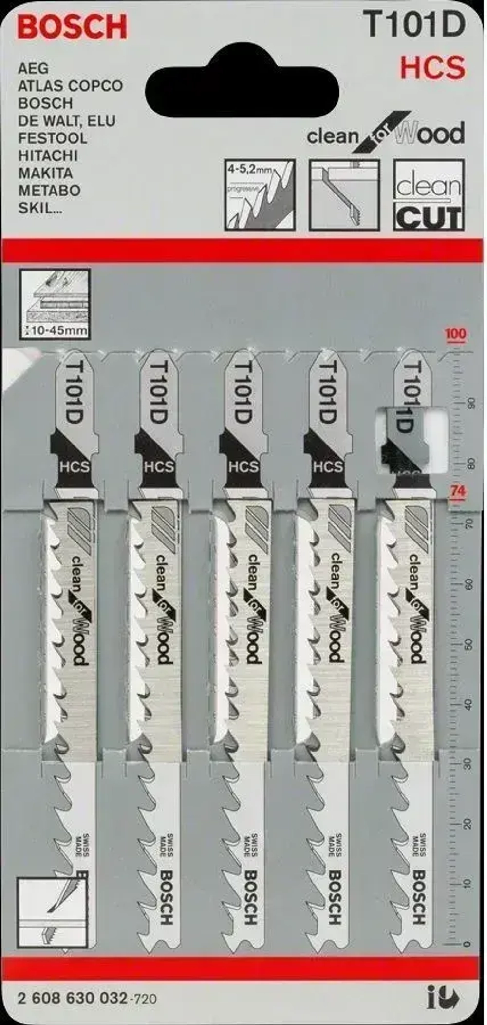 Пилка для лобзика T101D по дереву, длина 100 мм, уп. 5 шт.