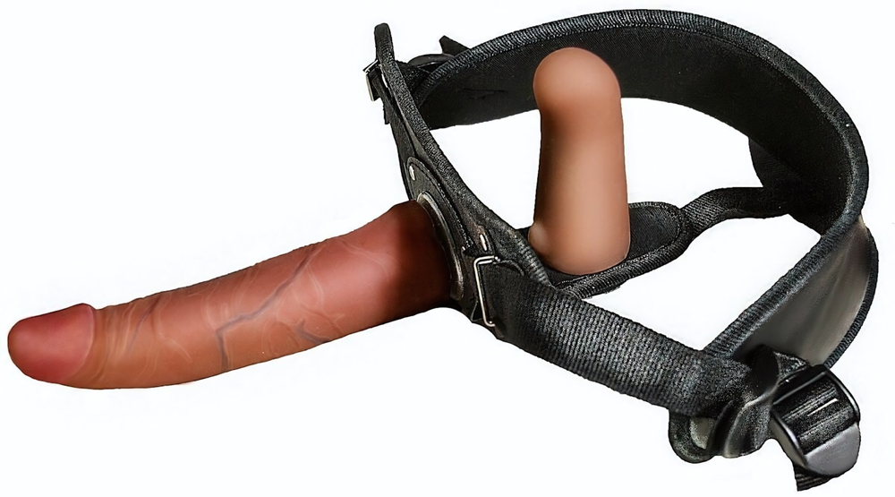 Женский страпон с вагинальной пробкой из неоскина - 18 см. (Цвет: телесный)