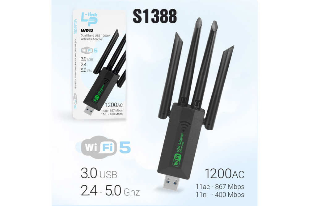 Wi-Fi адаптер 4 антены WR12 2-диапозона (1200Mbps) USB3.0