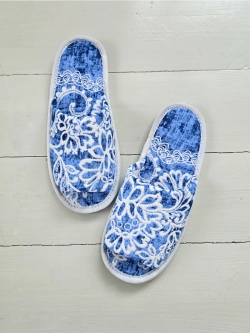 Тапочки хлопковые открытые Небесно-голубой узор