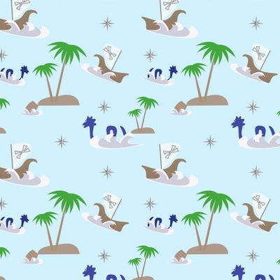 vector pattern, sea, pirate ship, sea monster, island, blue background