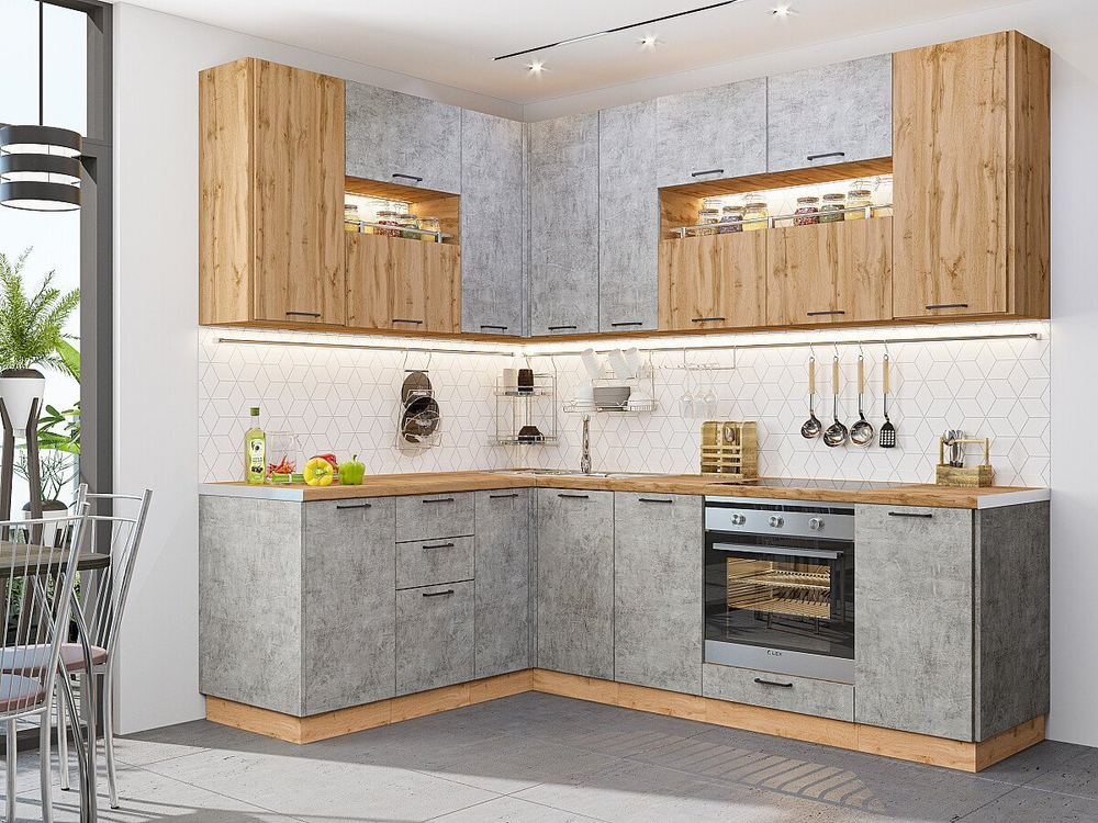 Угловая модульная кухня Флэт-02 Wotan Oak 2S/Temple Stone 2S - Дуб Вотан 2340*1700/2400*600