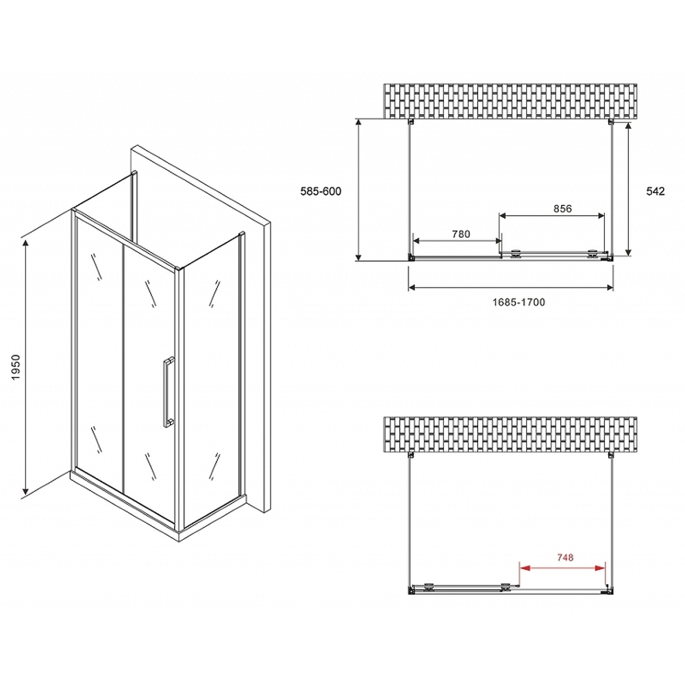 Душевой уголок Abber Schwarzer Diamant 170x60 AG30170H-S60-S60 профиль Хром стекло прозрачное
