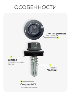 Саморез кровельный 5,5х19 ROOFRetail RAL7024 Графит серый, (250 шт), упаковка