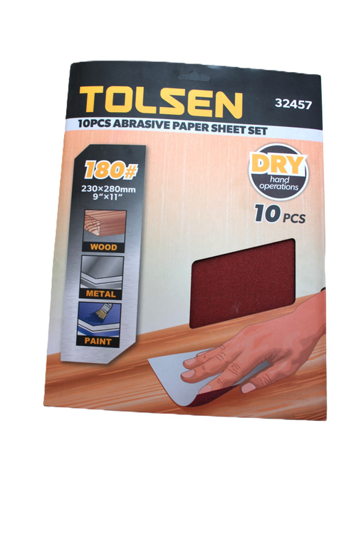 Шлифлист на бумажной основе TOLSEN 230х280мм P180 оксид алюминия 10шт. 32457