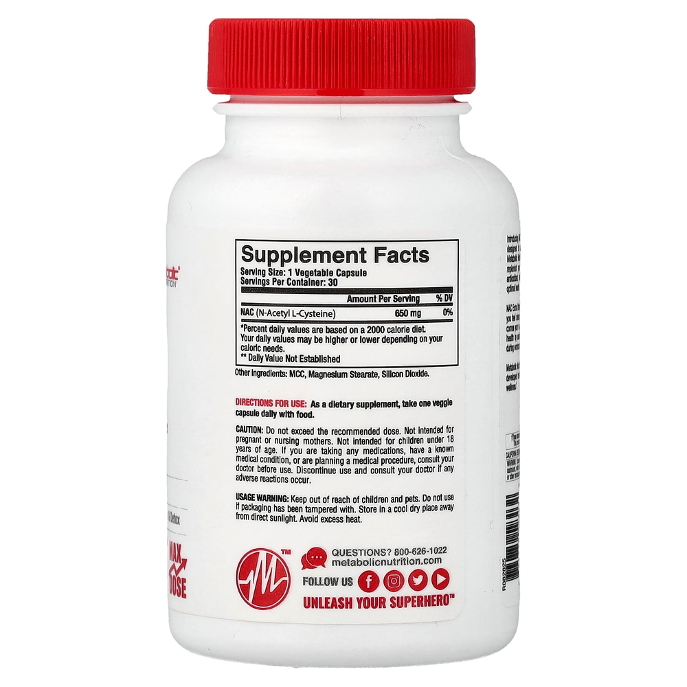Metabolic Nutrition, NAC, 30 капсул (650 мг в 1 капсуле)