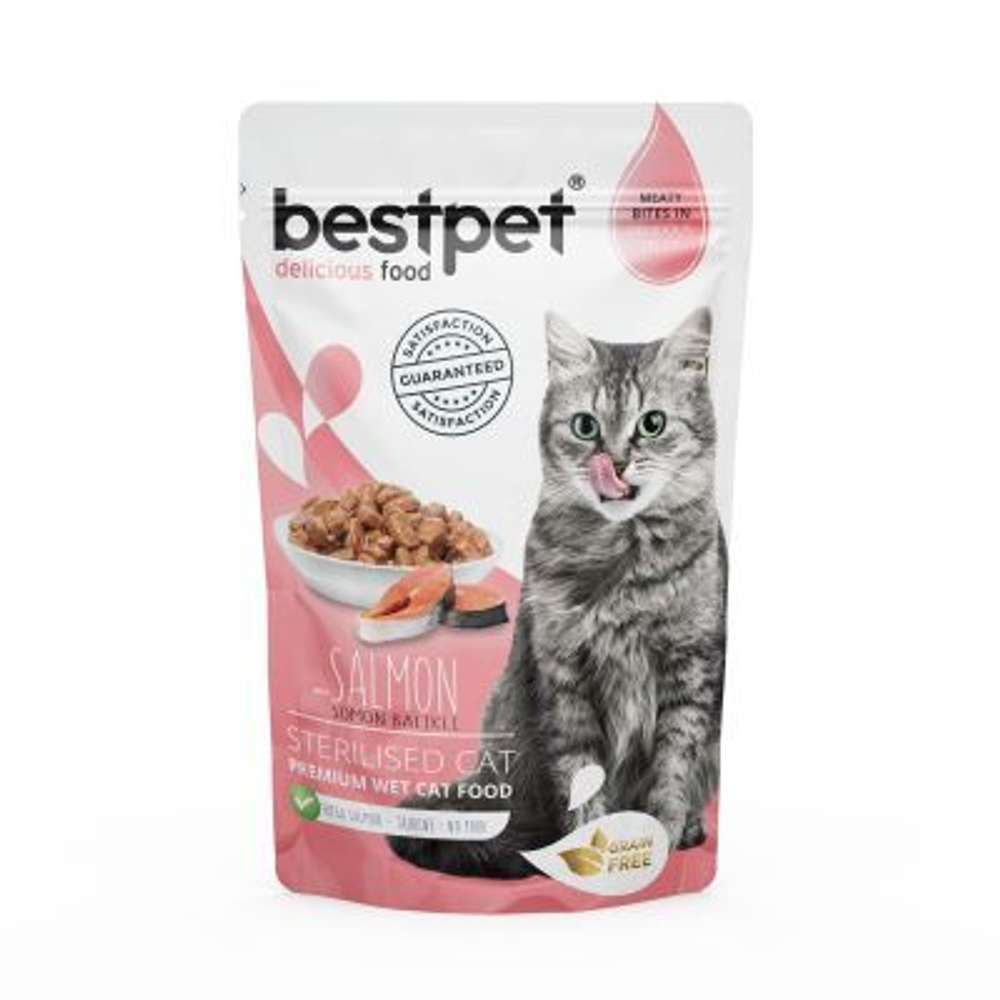 BestPet паучи для взрослых стерилизованных кошек Лосось в желе, 85 г, 6 шт