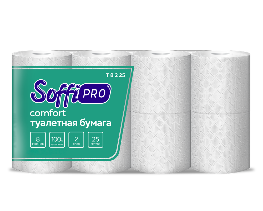 Туалетная бумага Soffione SoffiPro Comfort, большой рулон, двухслойная, белая, Артикул 10900981, 8 рулонов