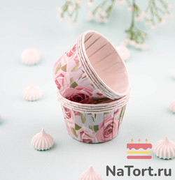 Формы бумажные с ламинацией «Маффин» 50х40 мм (Голубой с крупными розами) 100 шт
