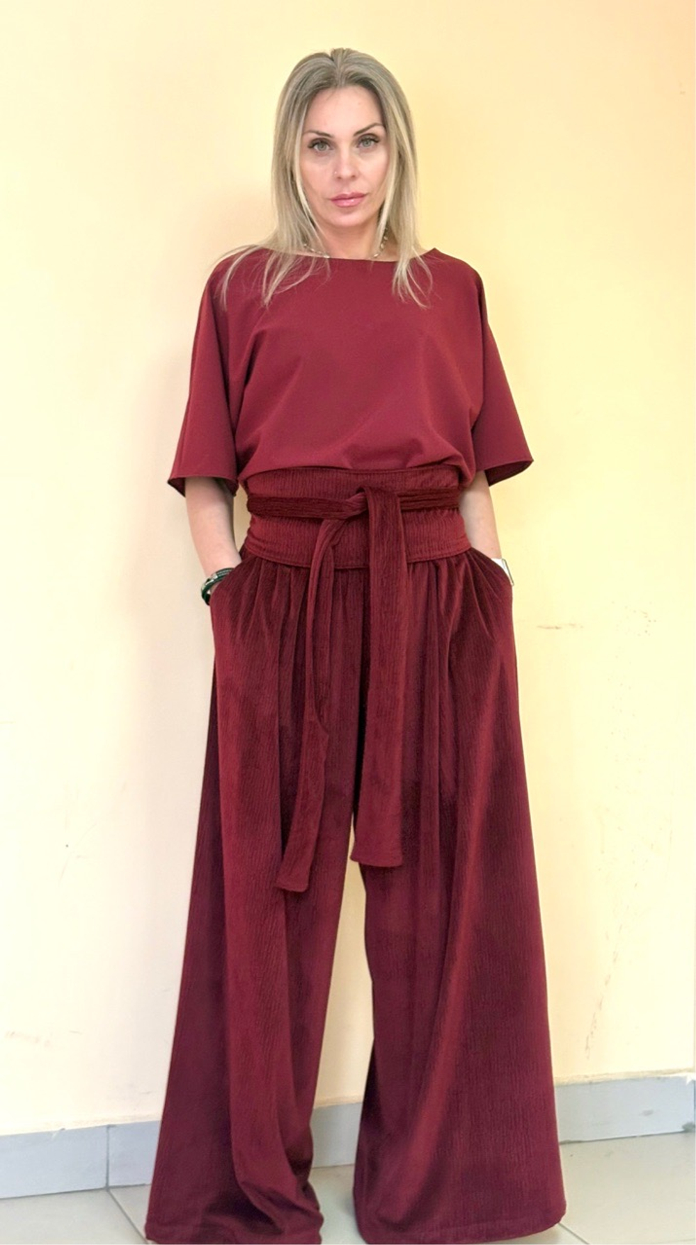 Палаццо с кушаком / вельвет мрамор / Бордо